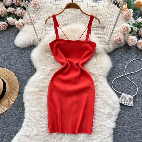 Women Knitted Dress Summer Strap Elastic Waist Backless Mini Sundress Sexy Streetwear Outfits
